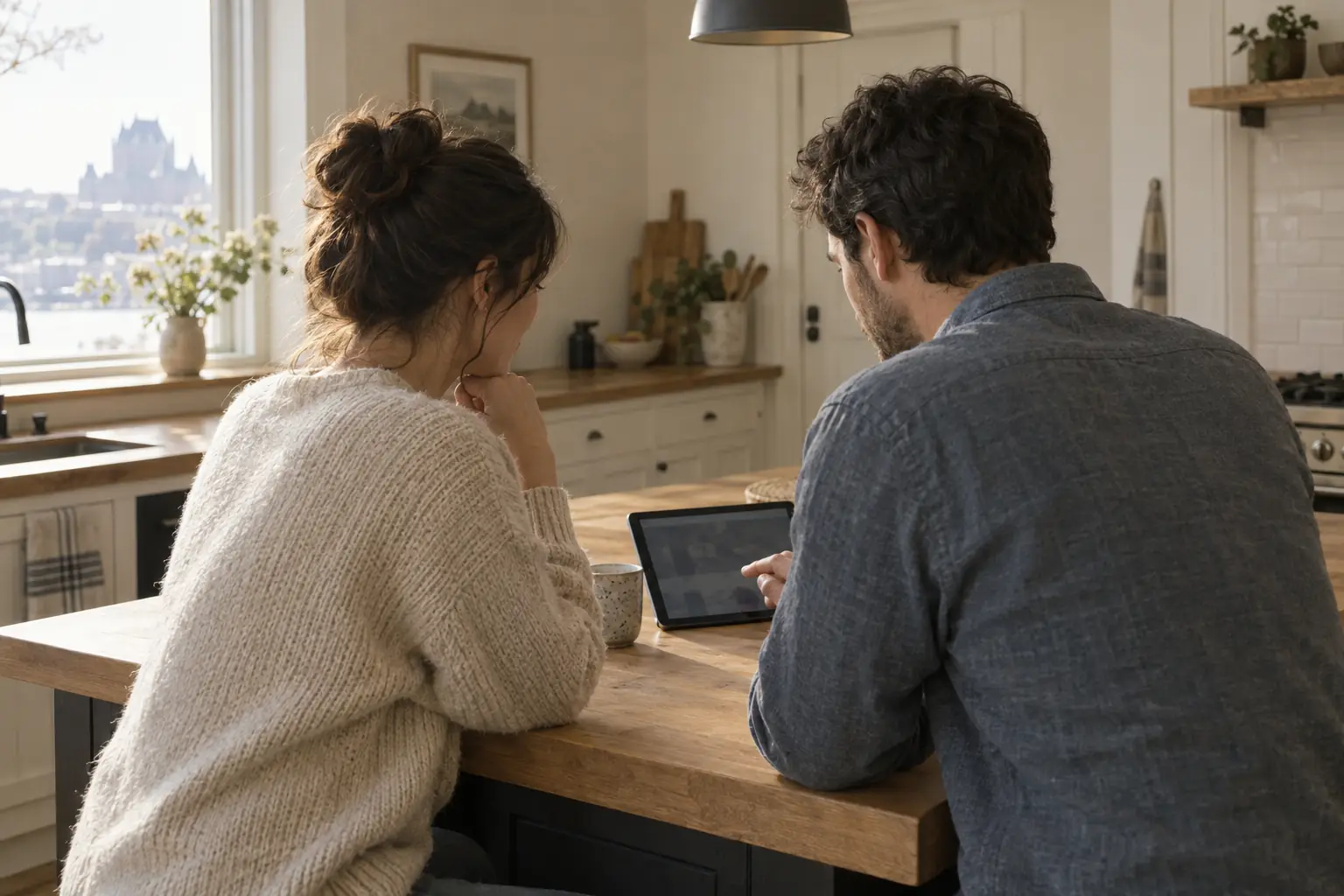 Deux personnes regardent ensemble une tablette dans une cuisine, près d’une fenêtre.