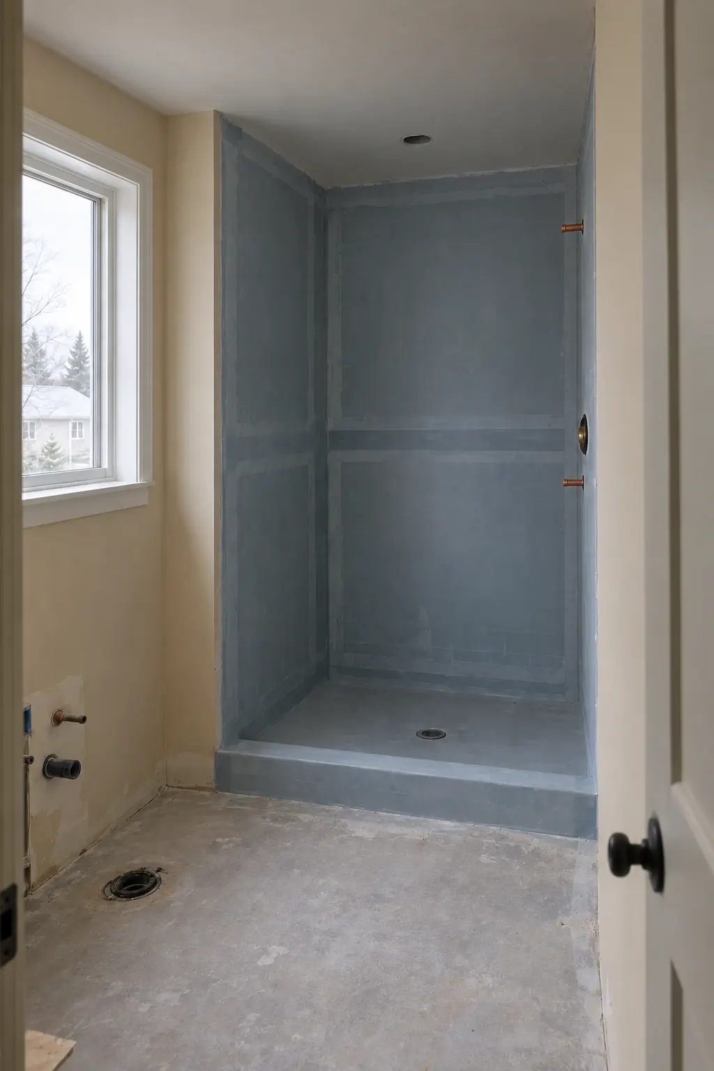 Bathroom under renovation, plumbing behind the drywall before tile.